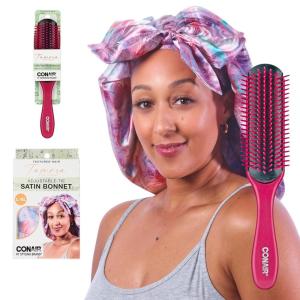 imageCONAIR x Tamera Mowry Collection Smoothing Brush and 3 in 1 Comb Set slick back hairbrush to smooth flyaways  perfect to section or tease hair  sleek ponytail bun  2 piece bundleBlue Swirl Bonnet w Brush