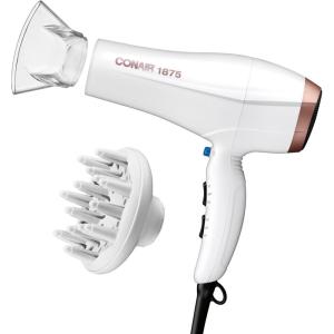 imageConair Double Ceramic Hair Dryer 1875W Blow Dryer with Diffuser and Concentrator Ionic Conditioning 3 Heat ampamp 2 Speed Settings Amazon Exclusive WhiteWhite With Bonus Diffuser