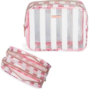 imageConair Makeup Bag  Travel Toiletry Bag  Cosmetic Bag  Toiletry Bag for Women  Double Zip Organizer  Tropical PrintPink  White Stripe