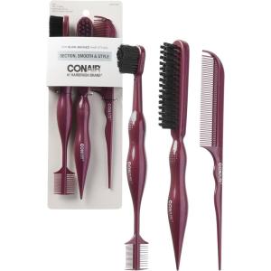 imageConair Slick Back Tail Comb Set 3Pack with Fine Tooth Tail Comb Edge Brush and Smoothing Brush for Teasing Parting and Smoothing Sleek Hair Styles Control Hair Flyaways