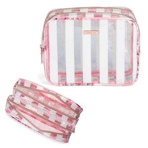 imageConair 5 Piece Toiletry and Cosmetic Bag Set Under 30 Includes 1 Large Weekender Bag and 4 Organizer Bags in Blue Swirl Prints Pack of 2Pink  White Stripe